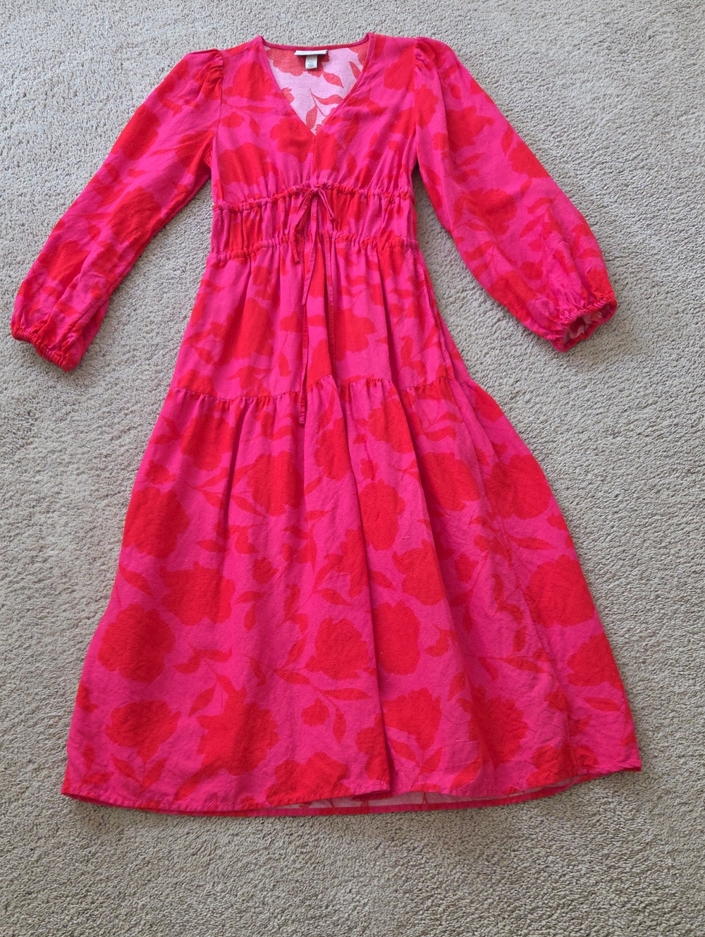 Vibrant Pink Floral Tiered Midi Dress with Drawstring Waist